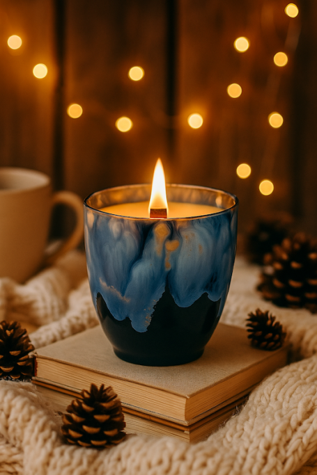 Wabenflamme Knisterkerze Blaue Kerze auf einem Buch, umgeben von Tannenzapfen und sanftem Lichterglanz.